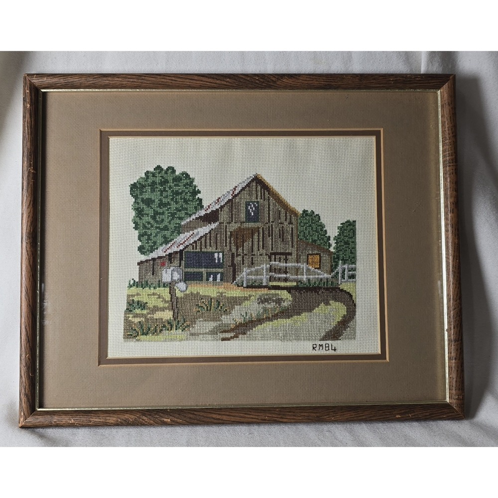VTG  Framed Cross Stitch Needlepoint Farmhouse‎ Barn Country Grandma Cottagecore